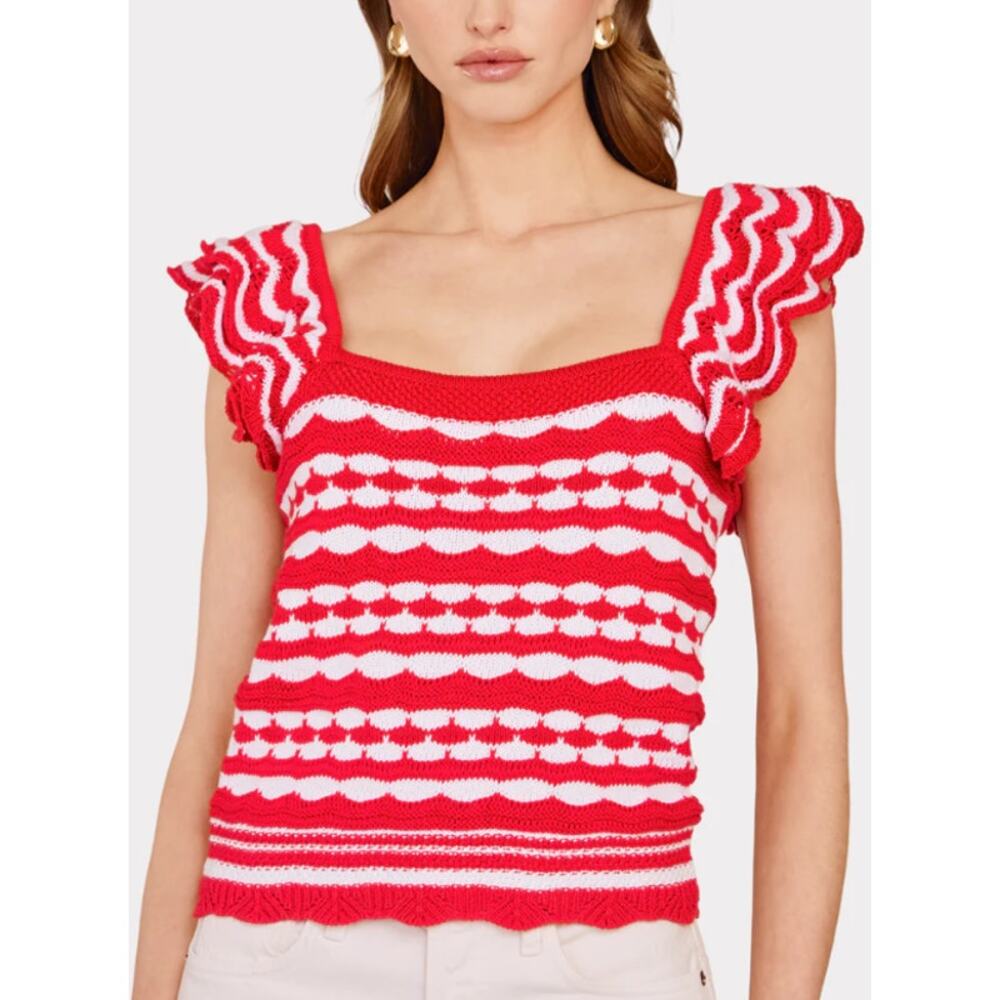 Autumn Cashmere Vibrant Red and White Ruffle Sleeve Tee